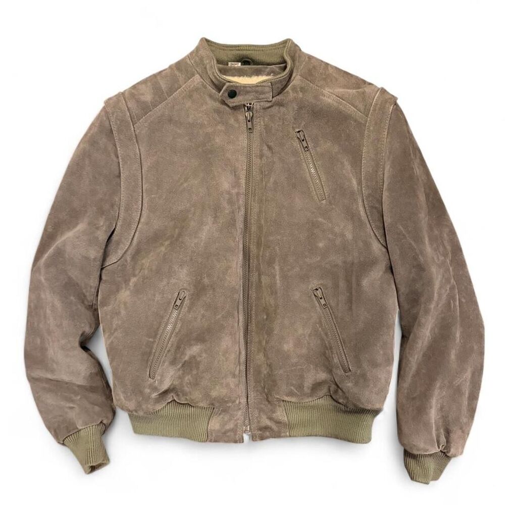 Wilsons Suede Leather Bomber Jacket Men’s 44L Gray Sherpa Lined Moto